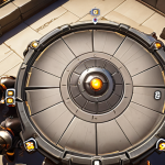 A player strategically positioned in an "Overwatch" map, using Reinhardt's shield to protect teammates. HUD elements displaying key information are subtly visible. The image emphasizes teamwork and defensive strategy.