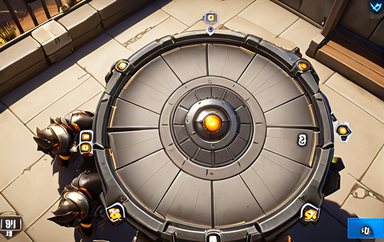A player strategically positioned in an "Overwatch" map, using Reinhardt's shield to protect teammates. HUD elements displaying key information are subtly visible. The image emphasizes teamwork and defensive strategy.