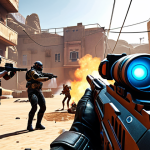 **

"A vibrant, action-packed scene from a multiplayer FPS game. Show diverse characters in a futuristic setting, engaged in intense combat with a focus on teamwork and strategic gameplay. Emphasize the competitive and adrenaline-fueled nature of the experience, with visual cues suggesting online connectivity and social interaction among players (e.g., headsets, team logos)."

**