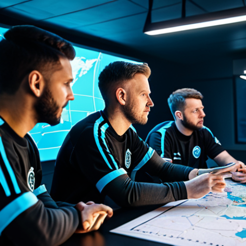 Home 7 Tactical FPS Team Planning**
"A diverse team of fully clothed tactical FPS players gathered around a holographic display of a complex map, discussing strategy. They are in a brightly lit, modern esports training facility. Everyone is wearing professional team jerseys. Safe for work, appropriate content, well-formed hands, proper finger count, perfect anatomy, natural proportions, professional, family-friendly."
**