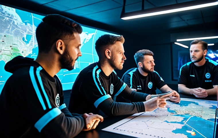 Tactical FPS Team Planning**

"A diverse team of fully clothed tactical FPS players gathered around a holographic display of a complex map, discussing strategy. They are in a brightly lit, modern esports training facility. Everyone is wearing professional team jerseys. Safe for work, appropriate content, well-formed hands, proper finger count, perfect anatomy, natural proportions, professional, family-friendly."

**