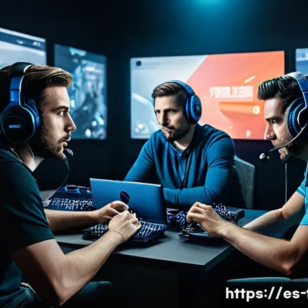 FPS에서 팀 커뮤니케이션을 잘하는 방법 - A dynamic esports team in the middle of an intense FPS match, featuring five players wearing high-qu...