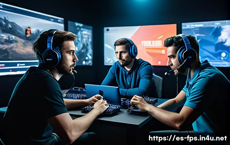 FPS에서 팀 커뮤니케이션을 잘하는 방법 - A dynamic esports team in the middle of an intense FPS match, featuring five players wearing high-qu...