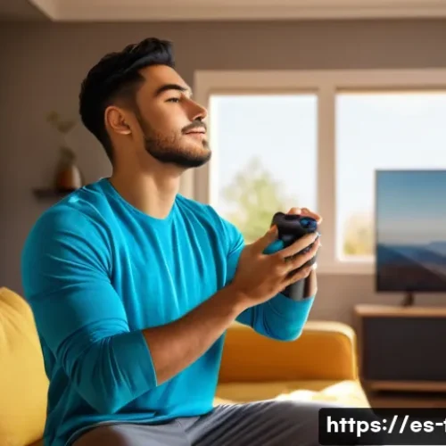 Home 13 FPS 중독 예방법과 건강한 게임 라이프 - A cozy living room scene featuring a young Hispanic man taking a break from gaming, standing and str...