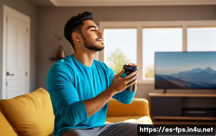 FPS 중독 예방법과 건강한 게임 라이프 - A cozy living room scene featuring a young Hispanic man taking a break from gaming, standing and str...