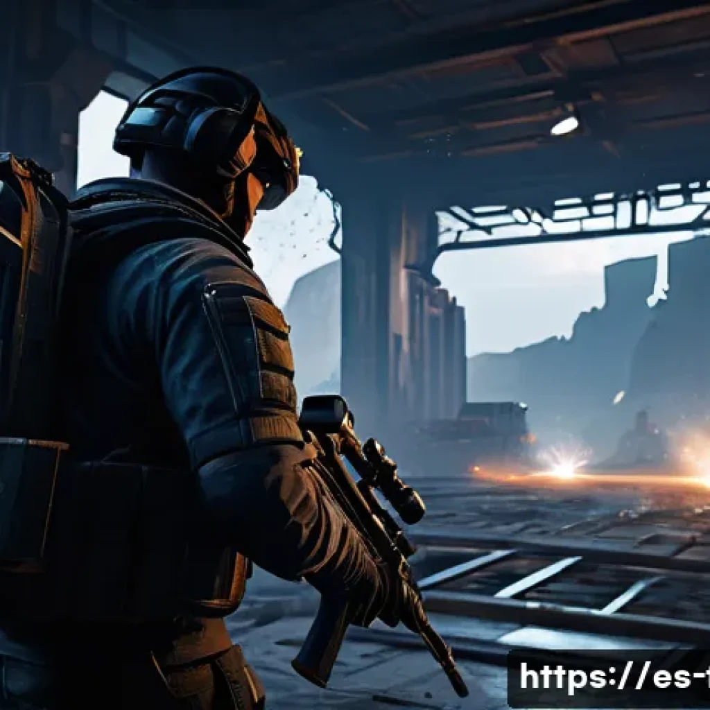 FPS 장르의 역사와 대표 작품들 - A highly detailed scene of a futuristic first-person shooter game environment showcasing advanced gr...