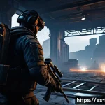 FPS 장르의 역사와 대표 작품들 - A highly detailed scene of a futuristic first-person shooter game environment showcasing advanced gr...