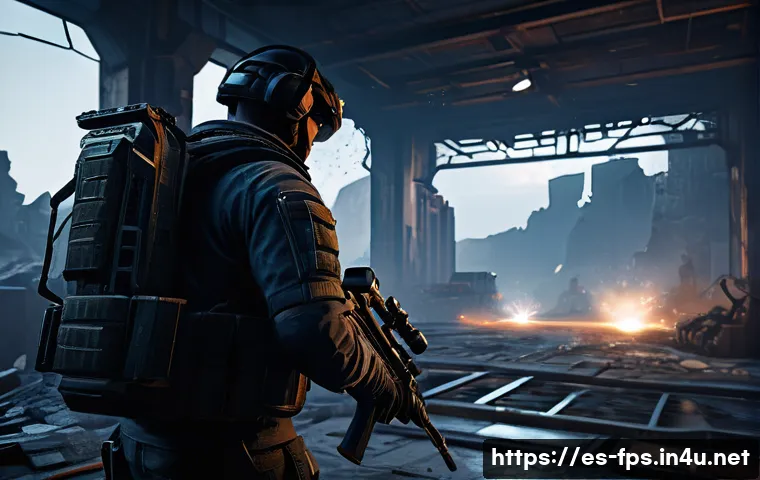 FPS 장르의 역사와 대표 작품들 - A highly detailed scene of a futuristic first-person shooter game environment showcasing advanced gr...