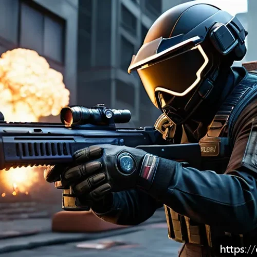 FPS 게임 속에서 쓰이는 공학 기술들 - A hyper-realistic first-person shooter scene showcasing a gamer wearing advanced haptic feedback glo...
