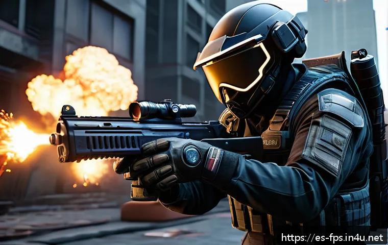 FPS 게임 속에서 쓰이는 공학 기술들 - A hyper-realistic first-person shooter scene showcasing a gamer wearing advanced haptic feedback glo...