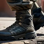 FPS 유저가 가장 많이 구매하는 아이템 - A highly detailed scene of a tactical FPS player wearing lightweight, durable tactical boots designe...