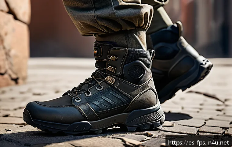 FPS 유저가 가장 많이 구매하는 아이템 - A highly detailed scene of a tactical FPS player wearing lightweight, durable tactical boots designe...