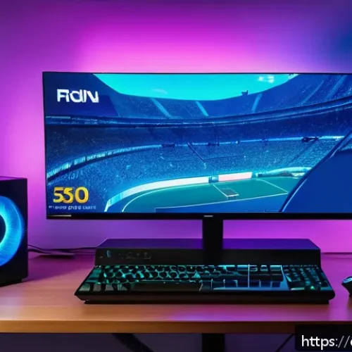 FPS 게임 환경에서의 인터넷 속도 중요성 - A detailed, dynamic scene of a professional gamer&rsquo;s home gaming setup in Spain, featuring a sleek fi...