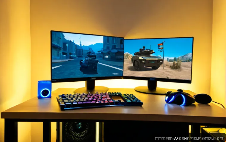 Home 13 무료 FPS 게임과 유료 FPS 게임의 차이 - Photorealistic split-screen gaming setup comparing free-to-play and premium first-person shooter exp...
